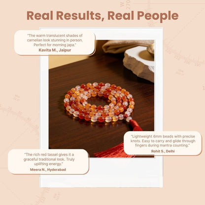 Overhead spiral arrangement of 108 Red Carnelian 6 mm beads displayed beside a soft drawstring storage pouch