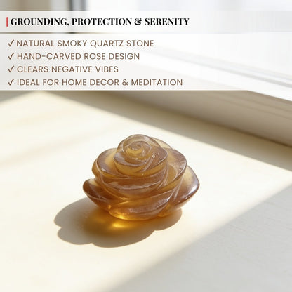 Scale measurement graphic showing diameter, thickness, and base dimensions of Smoky Quartz carved flower