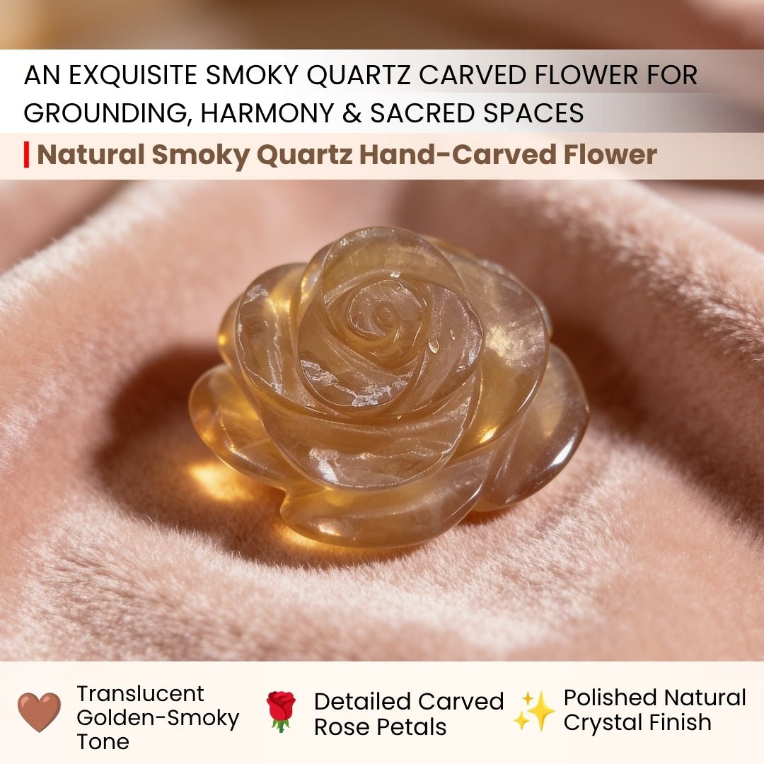 Close-up of carved Smoky Quartz flower petals showing translucent smoky brown to deep charcoal hues and glassy luster