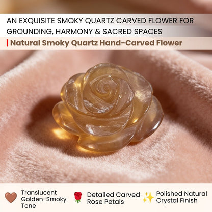 Close-up of carved Smoky Quartz flower petals showing translucent smoky brown to deep charcoal hues and glassy luster