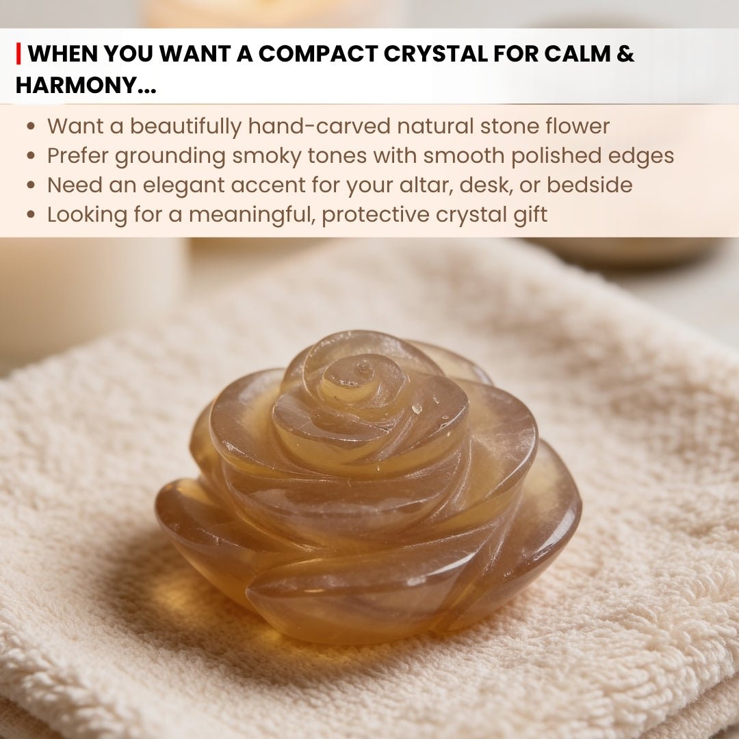 Finely contoured floral petal layers and smooth hand-polished grooves on Smoky Quartz flower carving