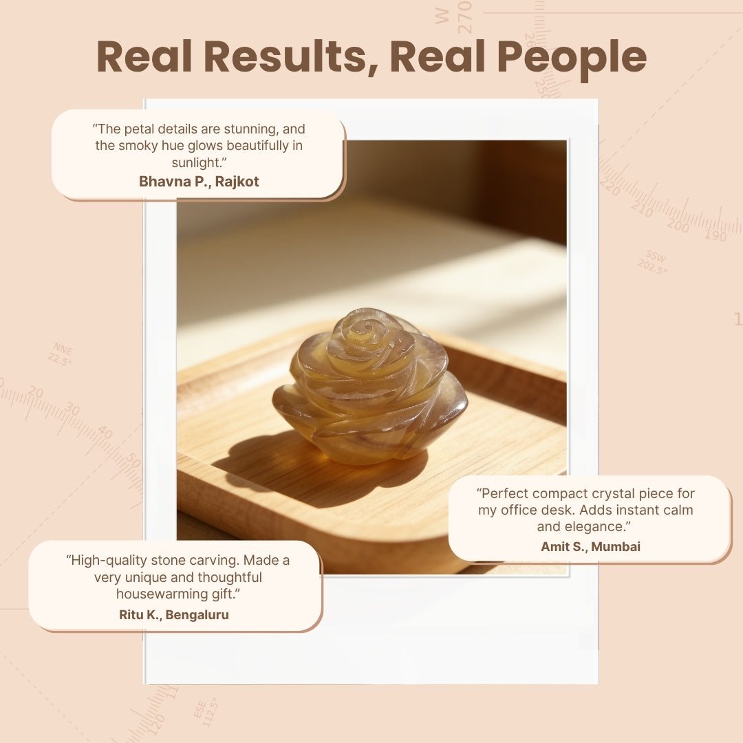 Smoky Quartz floral carving showcased on meditation table beside a drawstring storage pouch and gemstone guide card
