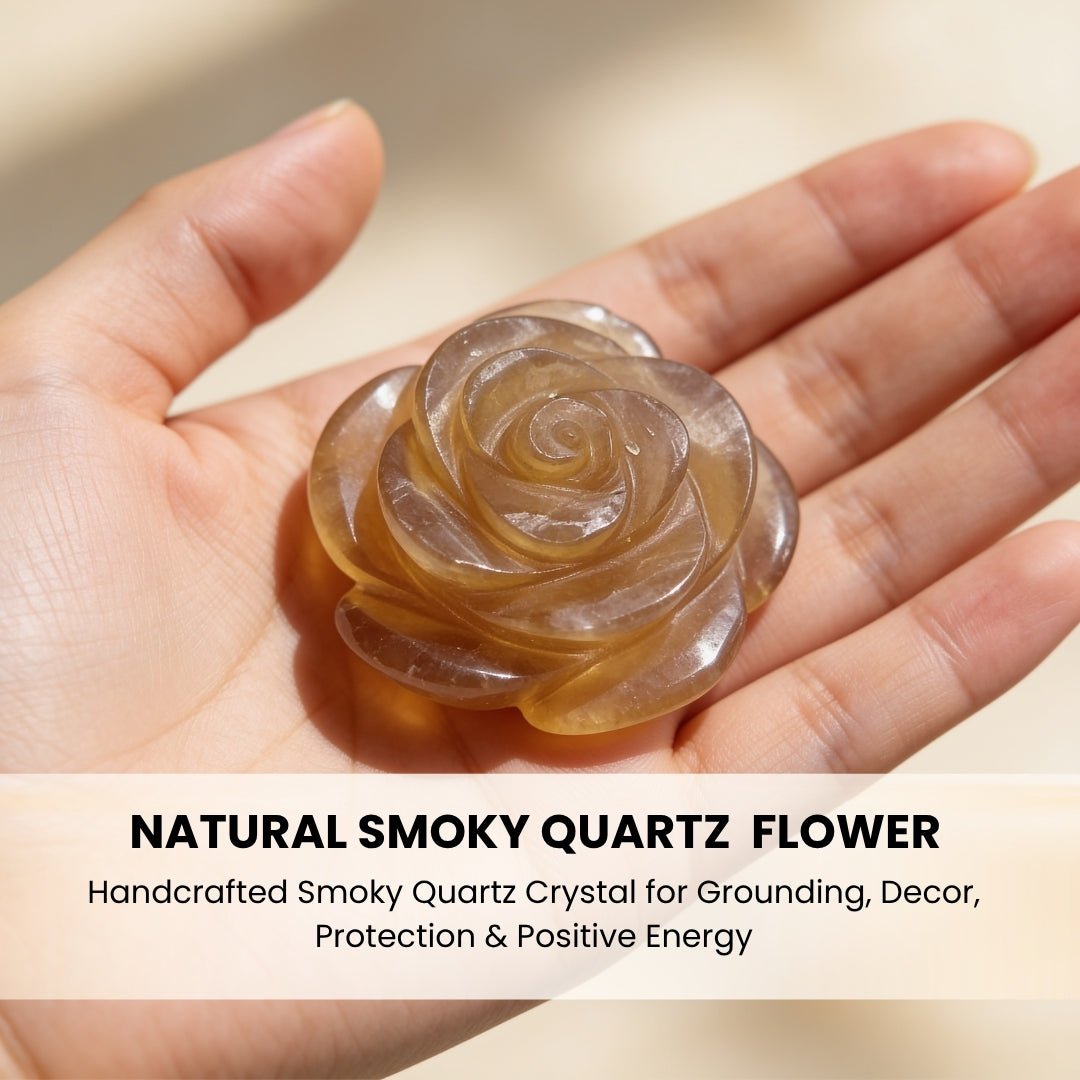 Polished Smoky Quartz flower stone held in palm showing tactile palm-stone size and smooth finish