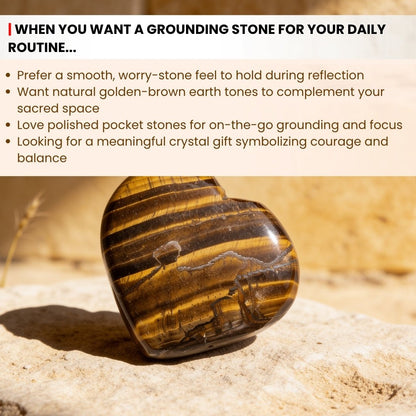 Precision scale measurement graphic showing width, height, and edge thickness of Tiger Eye heart stone