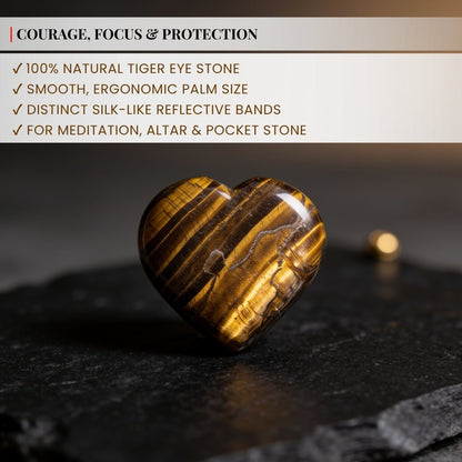 Smoothly bevelled curved edges and symmetrical puffy polish of carved Tiger Eye heart crystal