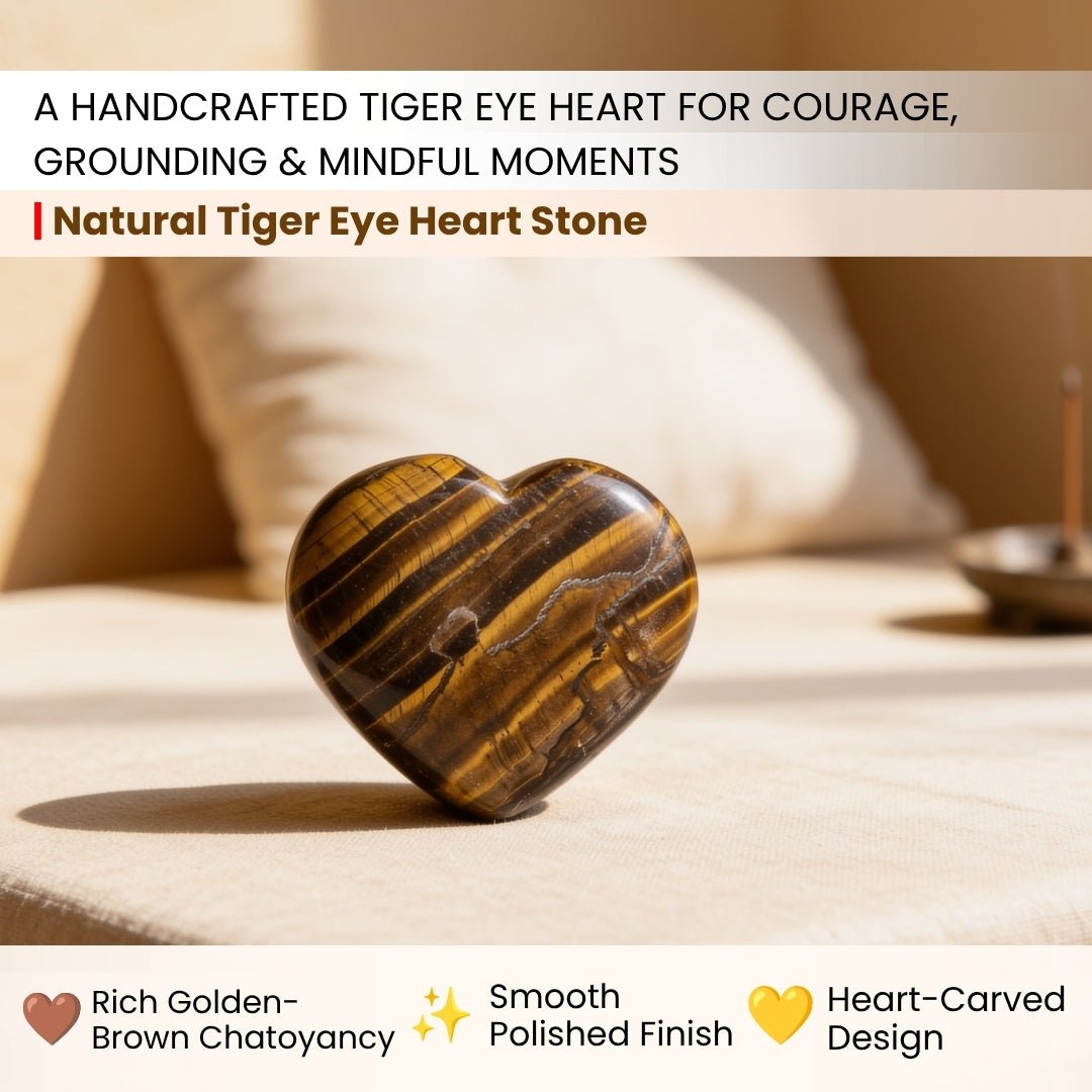 Close-up of polished Tiger Eye heart showing dynamic silky golden-yellow and warm brown chatoyant bands