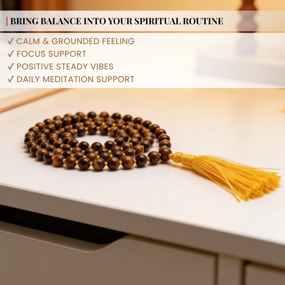 Tiger Eye Necklace Japa Mala 108 + 1 Round Beads (Knotted) for Courage Strength Confidence - plusvalueindia