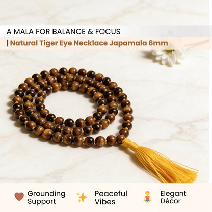 Tiger Eye Necklace Japa Mala 108 + 1 Round Beads (Knotted) for Courage Strength Confidence - plusvalueindia