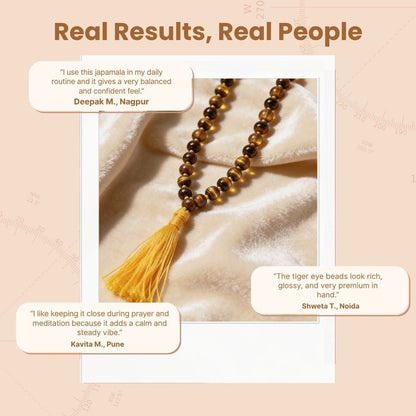 Tiger Eye Necklace Japa Mala 108 + 1 Round Beads (Knotted) for Courage Strength Confidence - plusvalueindia