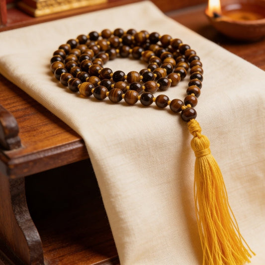 Tiger Eye Necklace Japa Mala 108 + 1 Round Beads (Knotted) for Courage Strength Confidence - plusvalueindia