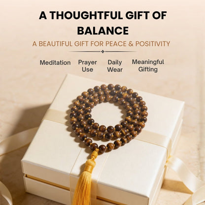 Tiger Eye Necklace Japa Mala 108 + 1 Round Beads (Knotted) for Courage Strength Confidence - plusvalueindia