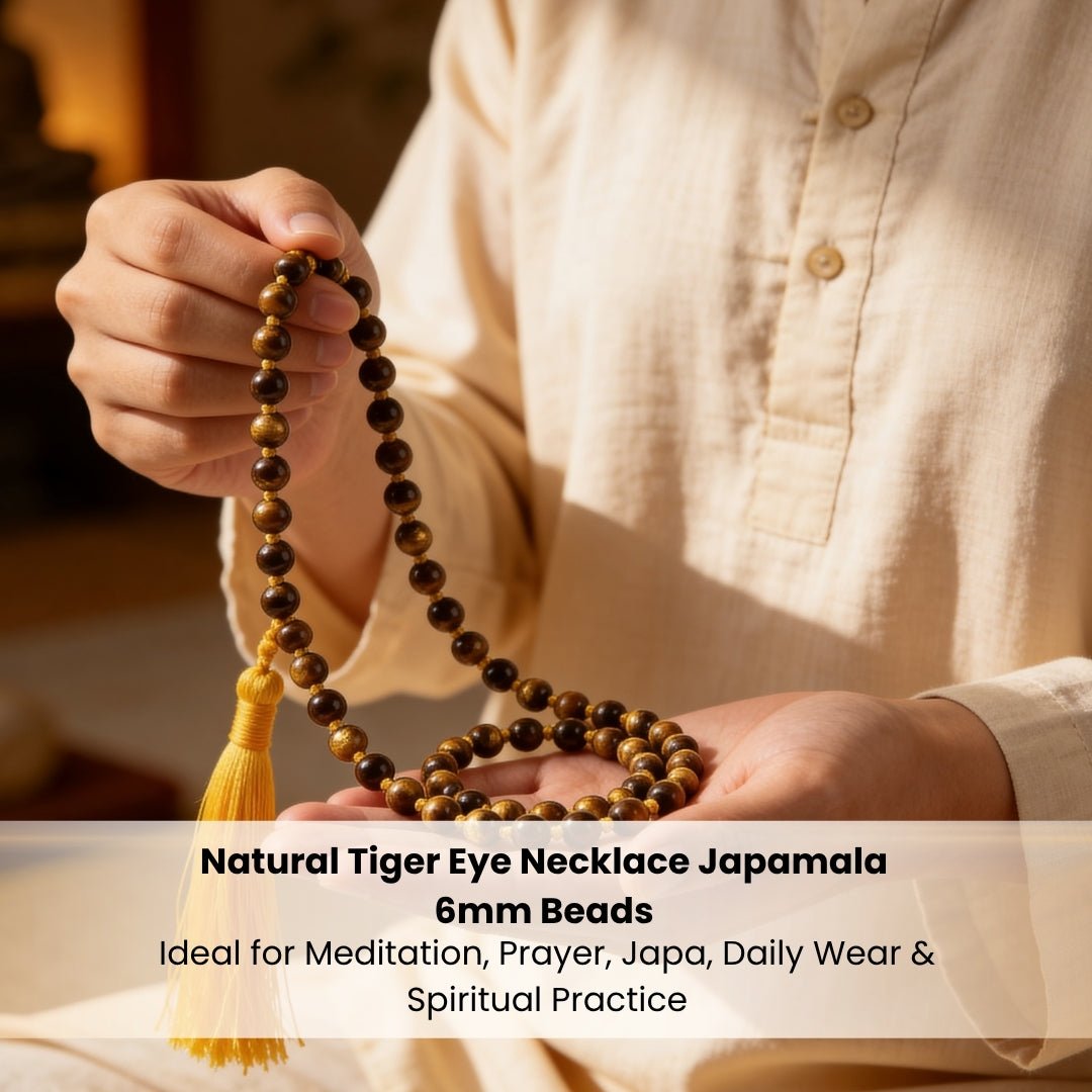 Tiger Eye Necklace Japa Mala 108 + 1 Round Beads (Knotted) for Courage Strength Confidence - plusvalueindia