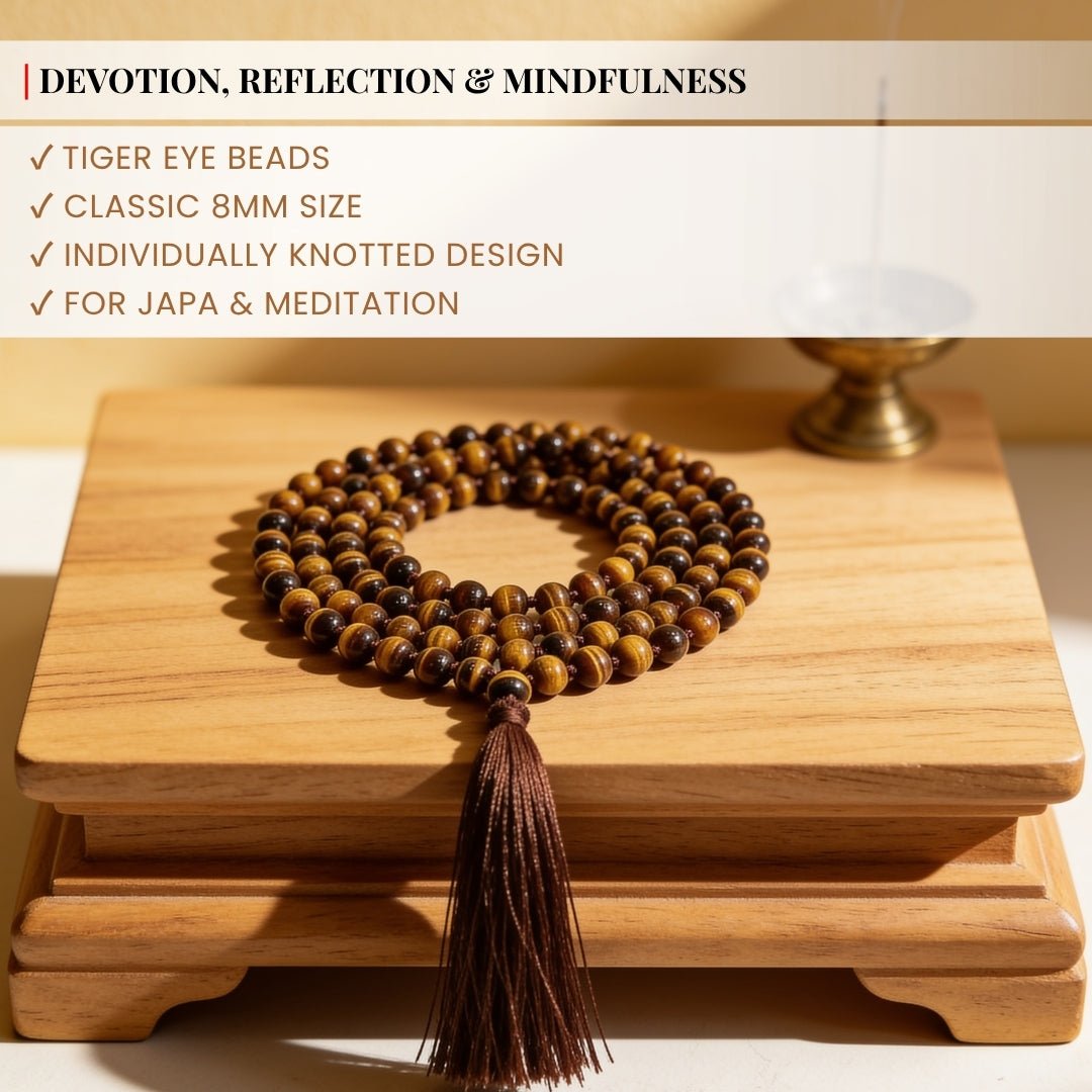 Traditional durable hand-knotted thread construction between standard 8 mm polished Tiger Eye beads