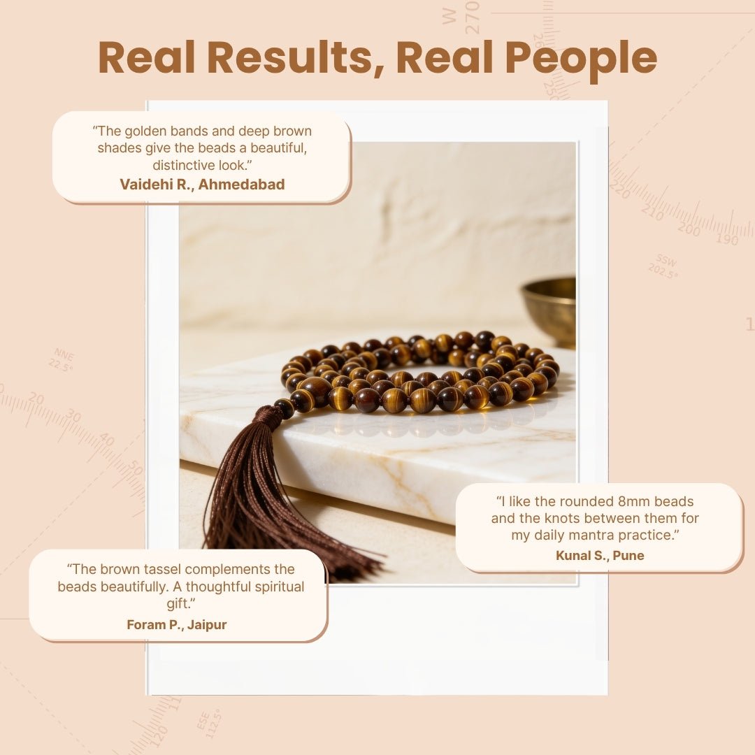 Overhead spiral arrangement of 108 Tiger Eye 8 mm beads displayed beside a protective drawstring storage pouch