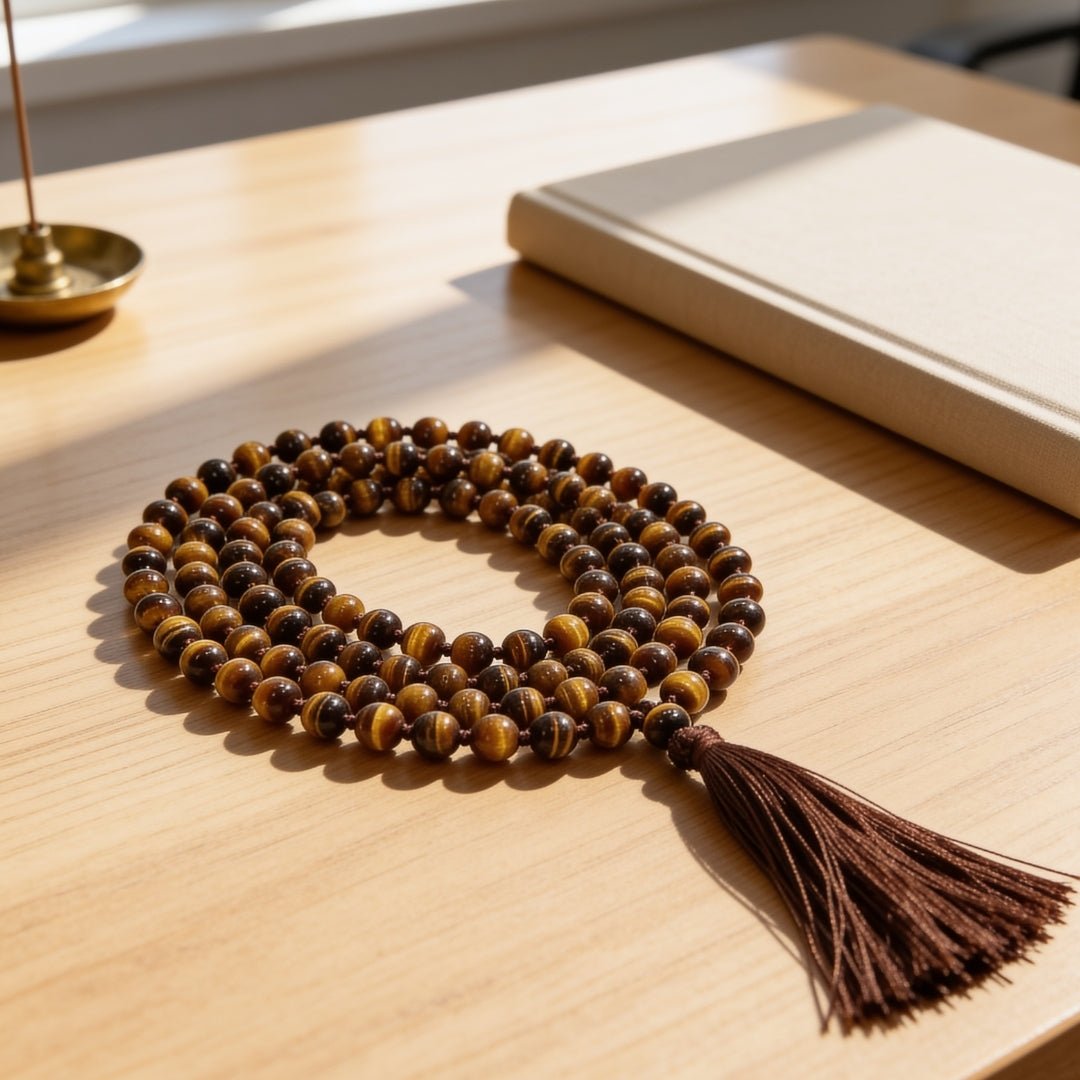 Natural Tiger Eye 8 mm gemstone japa mala necklace with 108 beads and tassel