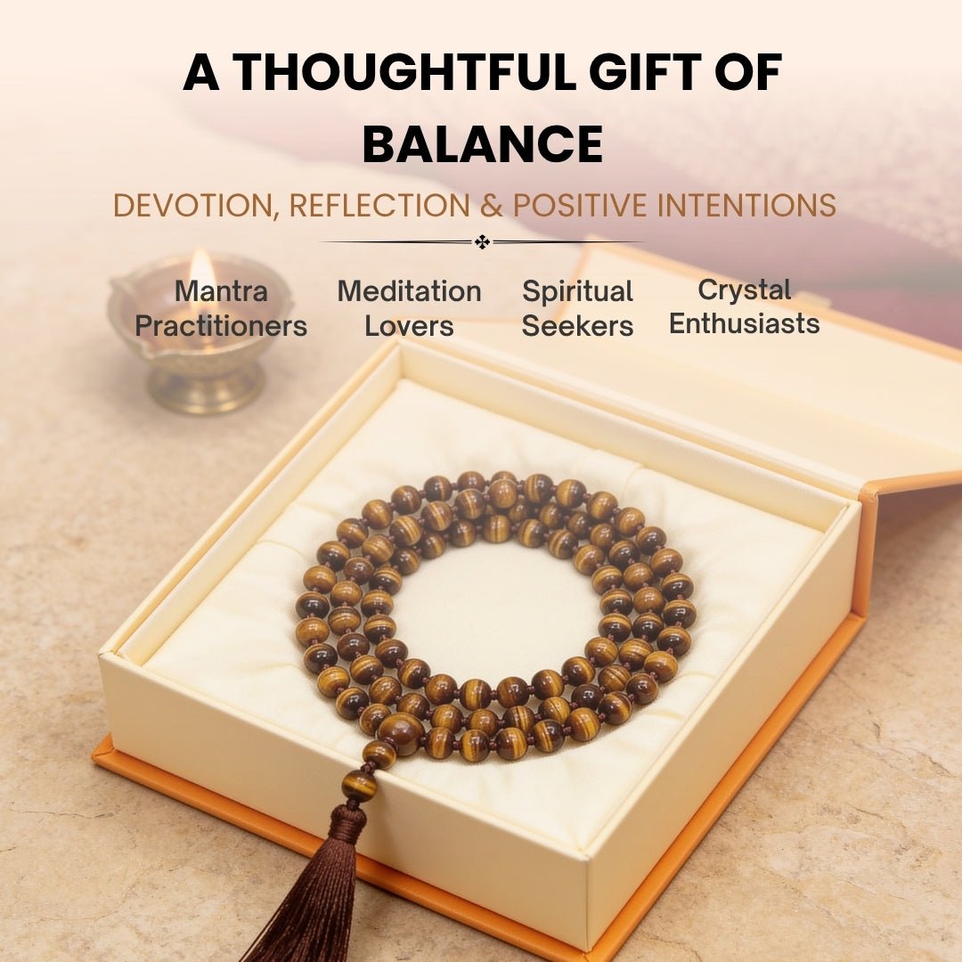 8 mm Tiger Eye mala held in fingers during Solar Plexus chanting, courage building, and focused meditation