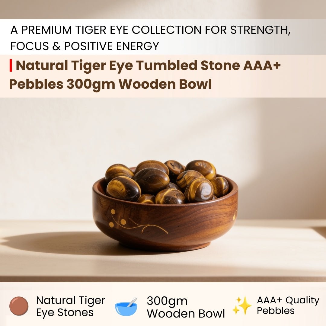 300 gm of polished tiger eye tumbled pebbles arranged in a wooden bowl