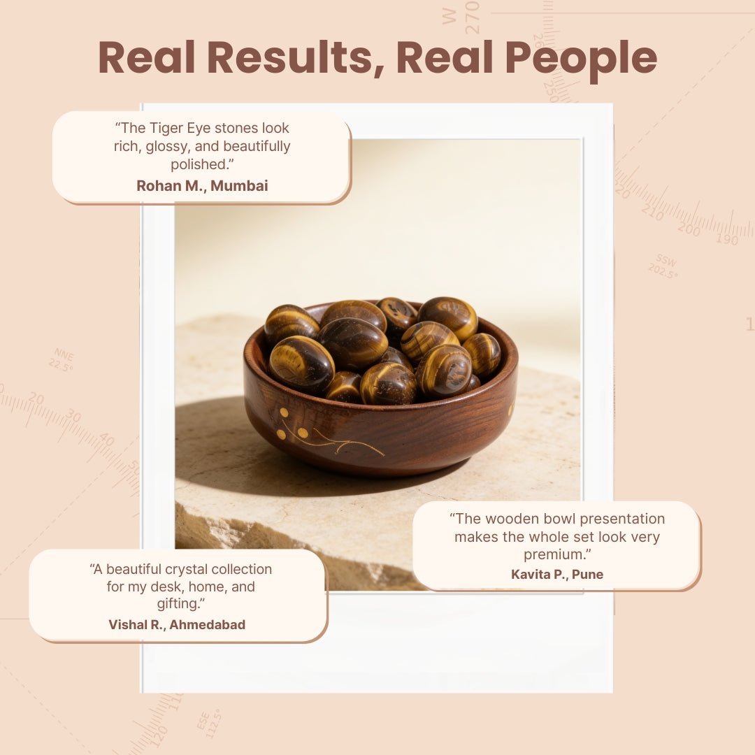 wooden bowl of tiger eye stones, traditionally associated with focus and courage