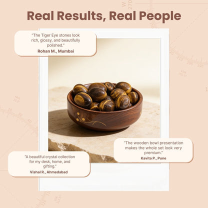 wooden bowl of tiger eye stones, traditionally associated with focus and courage