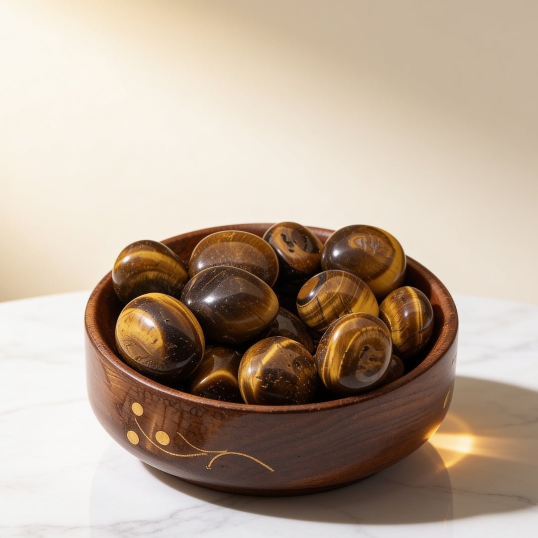 natural tiger eye tumbled stone aaa+ pebbles in a 300 gm wooden bowl