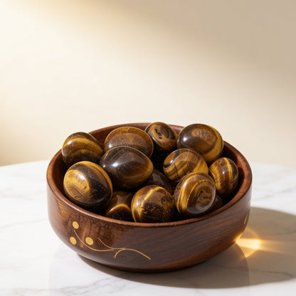 natural tiger eye tumbled stone aaa+ pebbles in a 300 gm wooden bowl