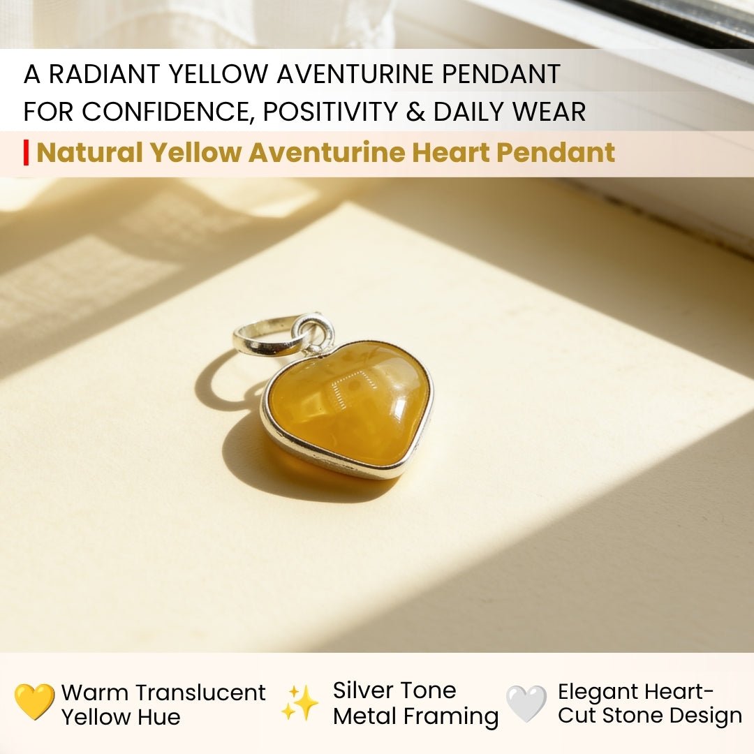 Close-up of polished Yellow Aventurine heart showing natural golden-yellow hues and subtle shimmering mica flecks