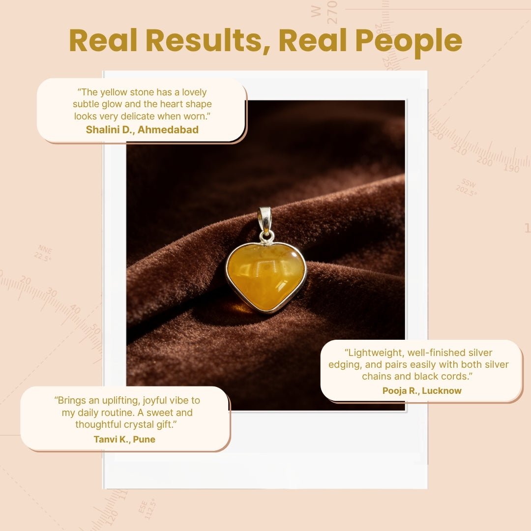 Yellow Aventurine heart pendant presented in velvet drawstring pouch with crystal healing meaning card