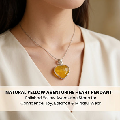 Yellow Aventurine heart pendant resting on chest demonstrating size proportions and everyday jewelry look
