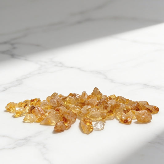 Natural polished Yellow Citrine crystal chips for wealth manifestation, crystal grids, and Vastu abundance