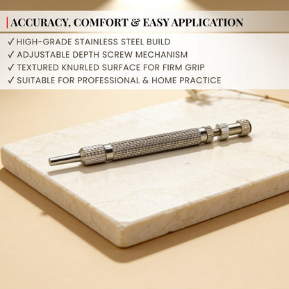 Non-slip knurled metal barrel grip ensuring precise handling and steady control during Sujok treatment
