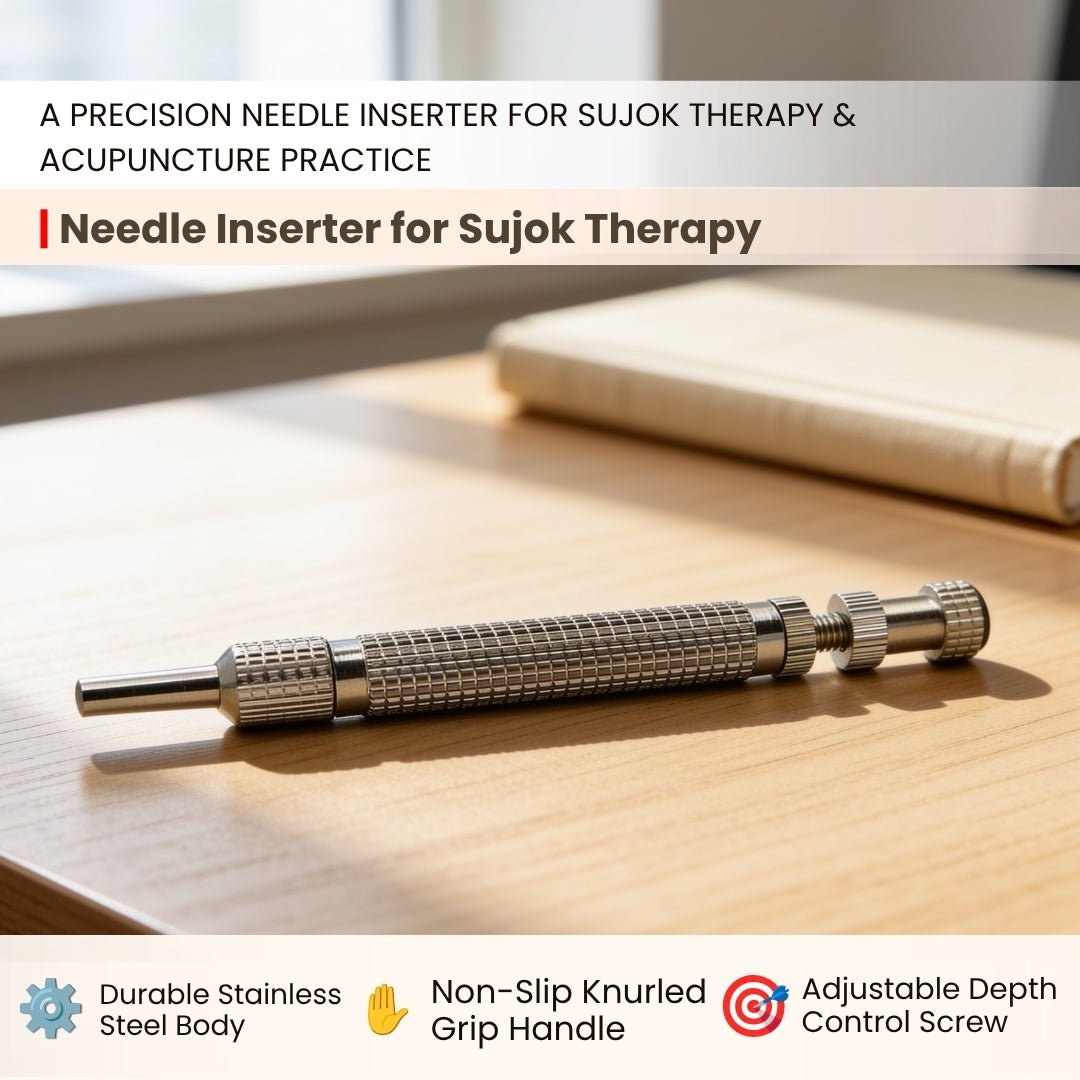 Close-up of magnetic guidance tip and spring-loaded piston trigger for painless micro needle insertion