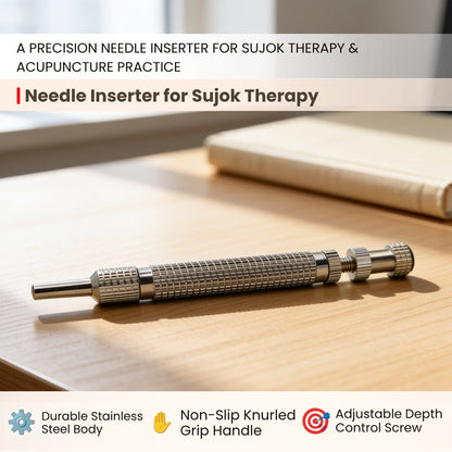 Close-up of magnetic guidance tip and spring-loaded piston trigger for painless micro needle insertion