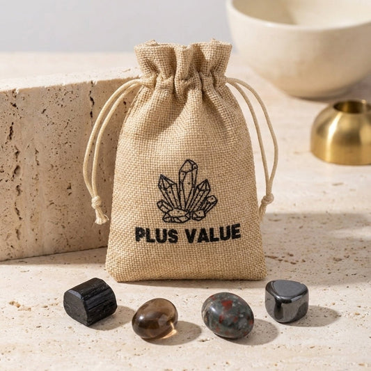 Negativity Nixer pocket crystal kit featuring protective tumbled stones inside a drawstring pouch