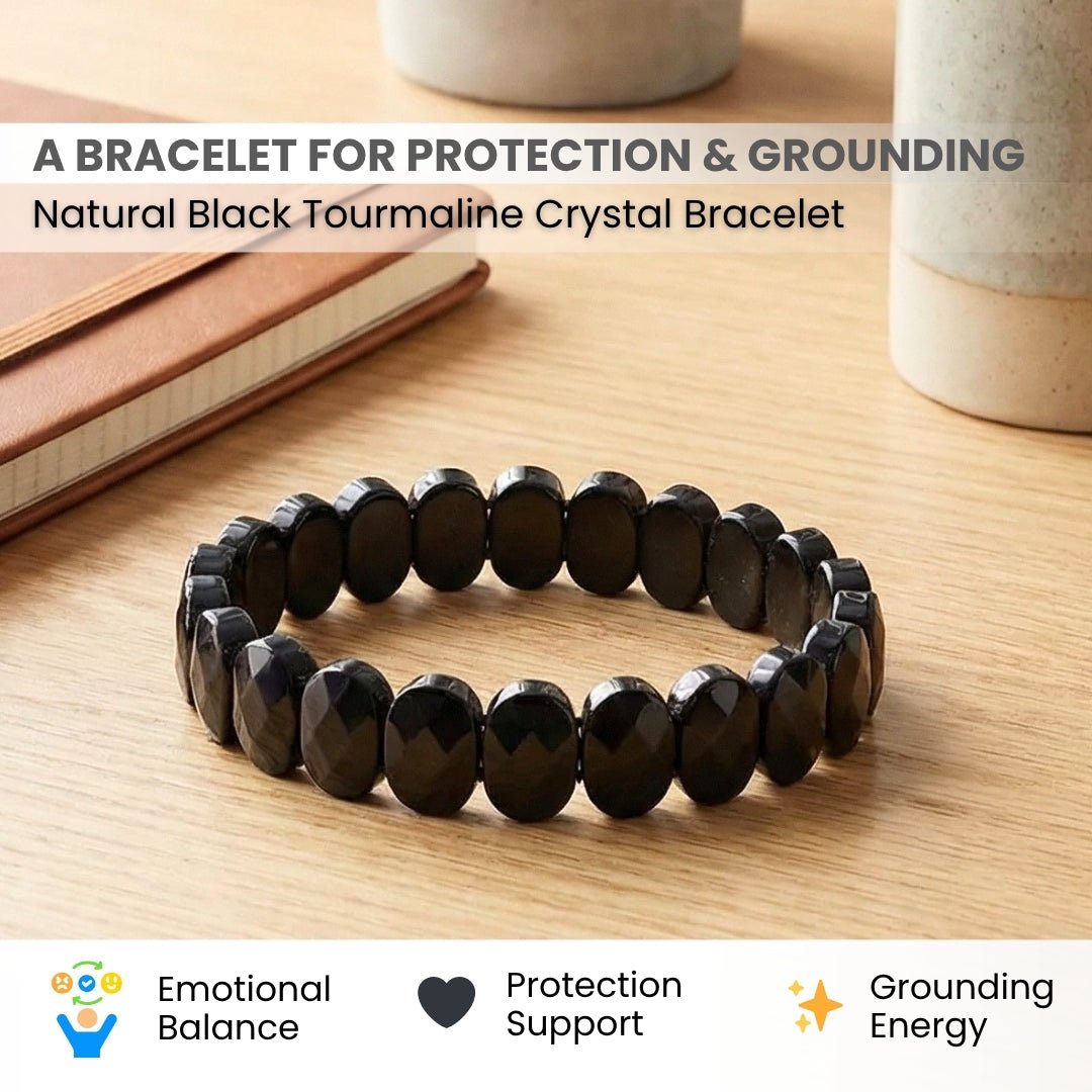 Black Tourmaline Bracelet for Protection - Healing Crystal Band for Negative Energy Shield, Men & Women - plusvalueindia