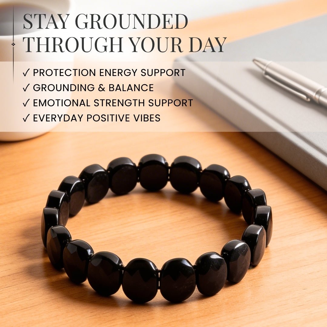 Black Tourmaline Bracelet for Protection - Healing Crystal Band for Negative Energy Shield, Men & Women - plusvalueindia