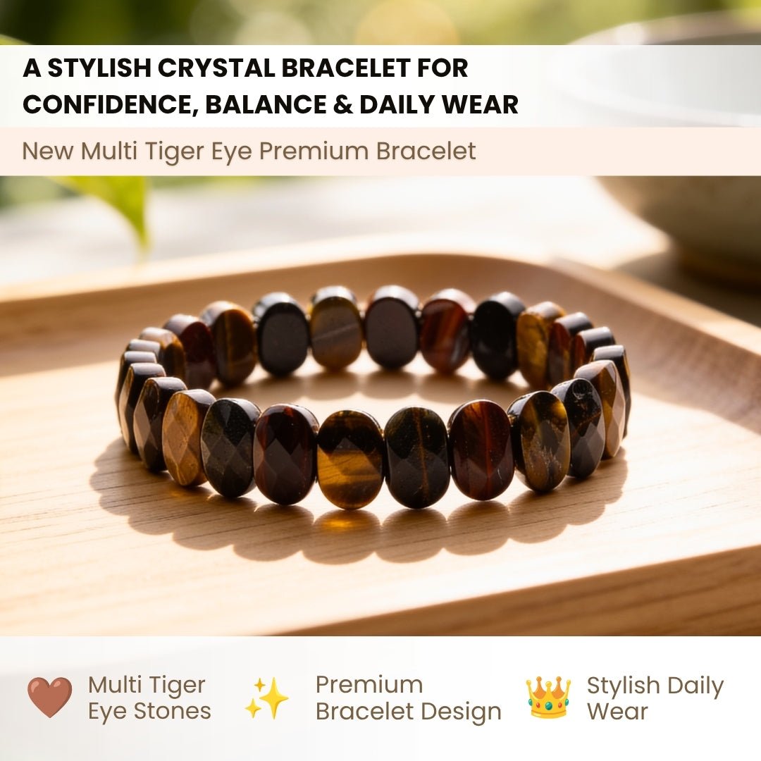 close-up of polished golden, red and blue tiger eye beads