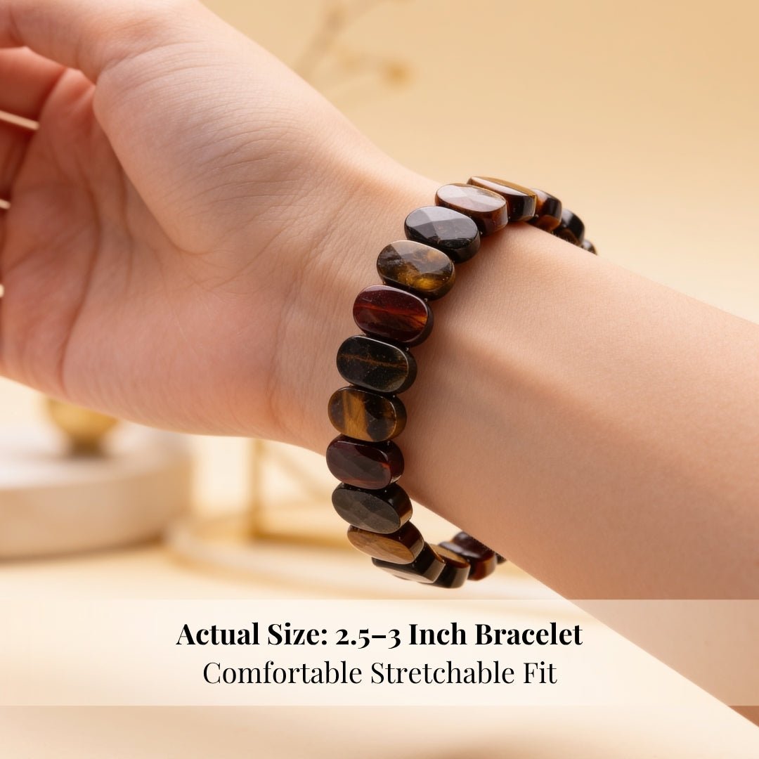elastic bracelet construction with 21 to 22 polished tiger eye beads