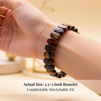 elastic bracelet construction with 21 to 22 polished tiger eye beads