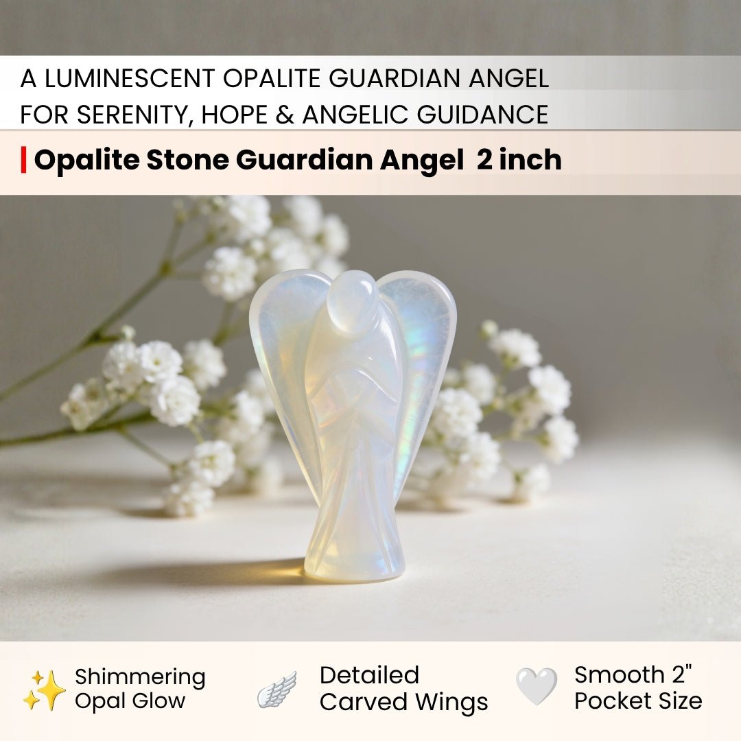Detailed macro shot showing glowing milky-blue opalescent sheen, warm amber light refraction, and smooth carved angel wings