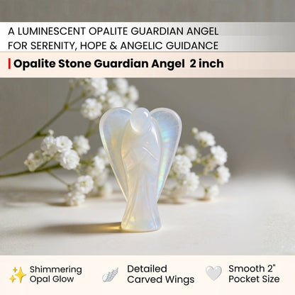 Detailed macro shot showing glowing milky-blue opalescent sheen, warm amber light refraction, and smooth carved angel wings