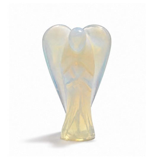 Hand-carved translucent Opalite stone guardian angel pocket figurine 2 inch tall in upright standing pose