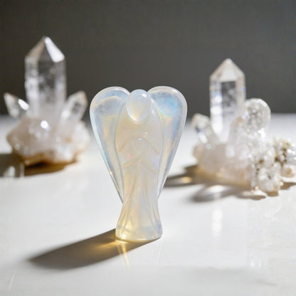 Hand-carved 2 inch Opalite crystal guardian angel figurine for third eye activation, tranquility, and angelic guidance