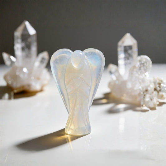 Hand-carved 2 inch Opalite crystal guardian angel figurine for third eye activation, tranquility, and angelic guidance