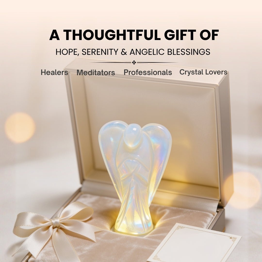 Glowing 2-inch Opalite crystal pocket angel resting in open palm demonstrating compact handheld size, smooth curves, and tactile feel