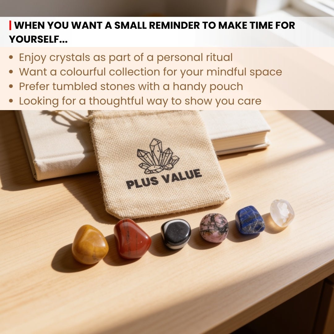 Scale measurement graphic showing 15 mm to 25 mm smooth tumbled stones included in the pocket calming kit