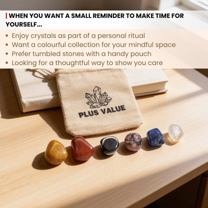 Scale measurement graphic showing 15 mm to 25 mm smooth tumbled stones included in the pocket calming kit