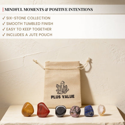 Soft fabric pocket-sized drawstring pouch designed to safely carry grounding stones for quick emotional grounding