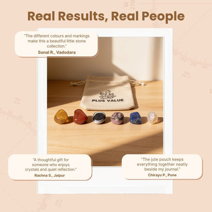 Pocket calming crystal pouch presented with grounding affirmation instructions and crystal care card