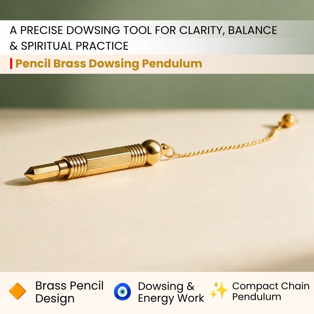 close-up of pencil-shaped brass pendulum body and pointed tip