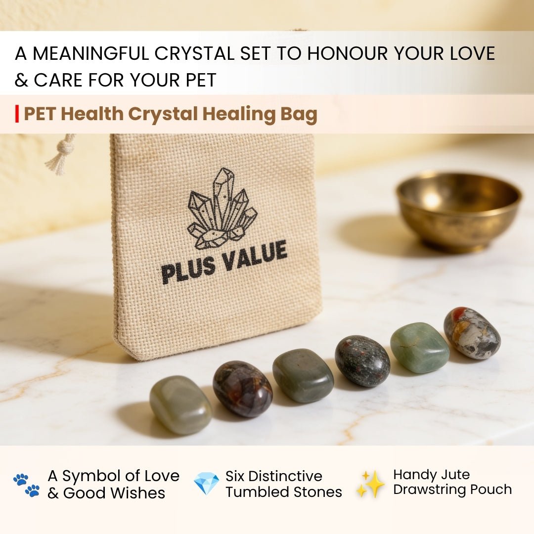 Close-up of polished pet wellness stones including Green Aventurine, Clear Quartz, Amethyst, and Black Tourmaline